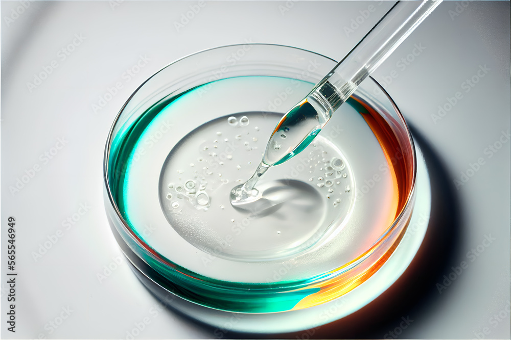 Close-up of pipette and petri dish with facial serum gel. Generative AI. Close-up of pipette and petri dish with facial serum gel. Generative AI.