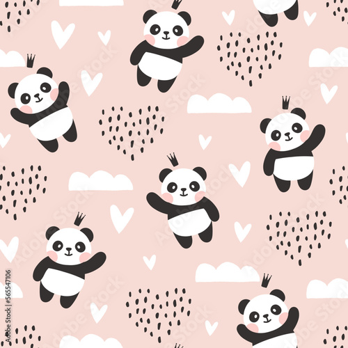 Panda bear cute boho elements sky with clouds and hearts. Baby girl pastel pink kids kawaii animals seamless pattern design for wrapping paper, fabric and textile.