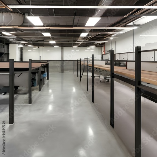 Industrial style office with concrete floors and exposed ductwork1_SwinIR