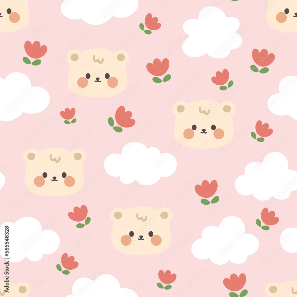 Cute brown teddy bear happy face with clouds and red flowers on a pink background. Kawaii animals kids seamless pattern, fabric and textile print design