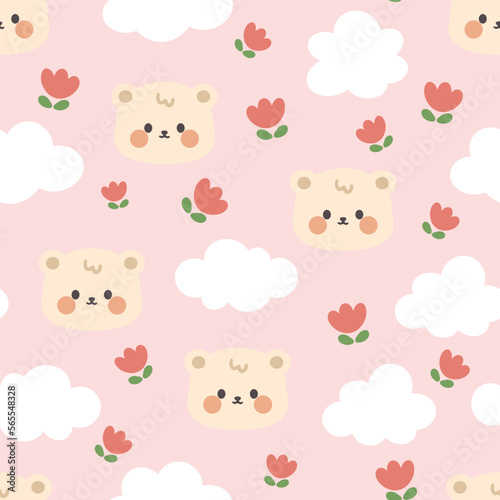 Cute brown teddy bear happy face with clouds and red flowers on a pink background. Kawaii animals kids seamless pattern  fabric and textile print design
