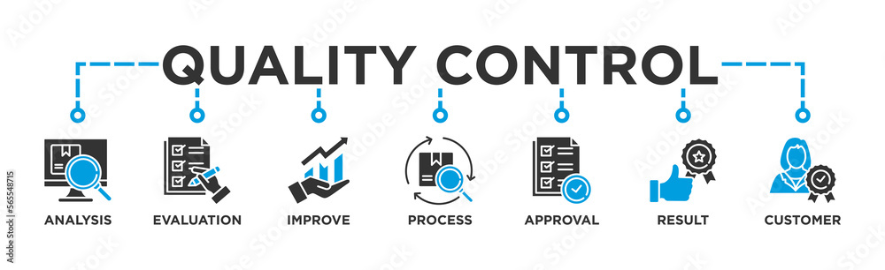 Quality control banner web icon vector illustration concept for product and service quality inspection with an icon of analysis, evaluation, improve, process, approval, result, and customer Quality control banner web icon vector illustration concept for product and service quality inspection with an icon of analysis, evaluation, improve, process, approval, result, and customer