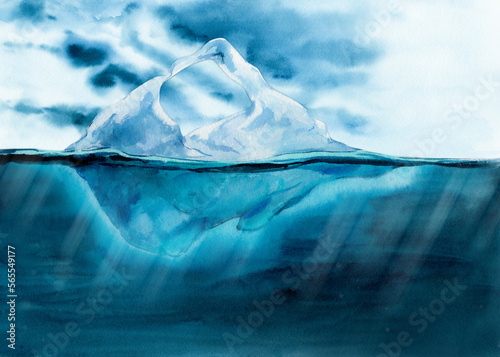 Iceberg in the ocean with a view underwater. Drifting ice in the ocean, the concept of hidden danger. Watercolor illustration. The texture of snow and water. A clipart for covering global warming.