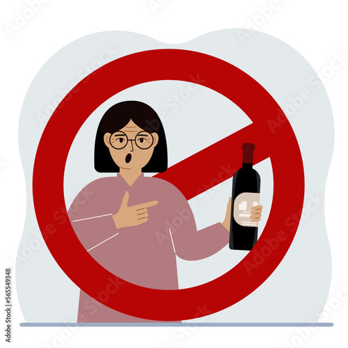 A woman with a bottle of alcohol in his hand. Around the woman is a red prohibition sign. The concept of addiction to alcohol and the prohibition of drinking alcohol.