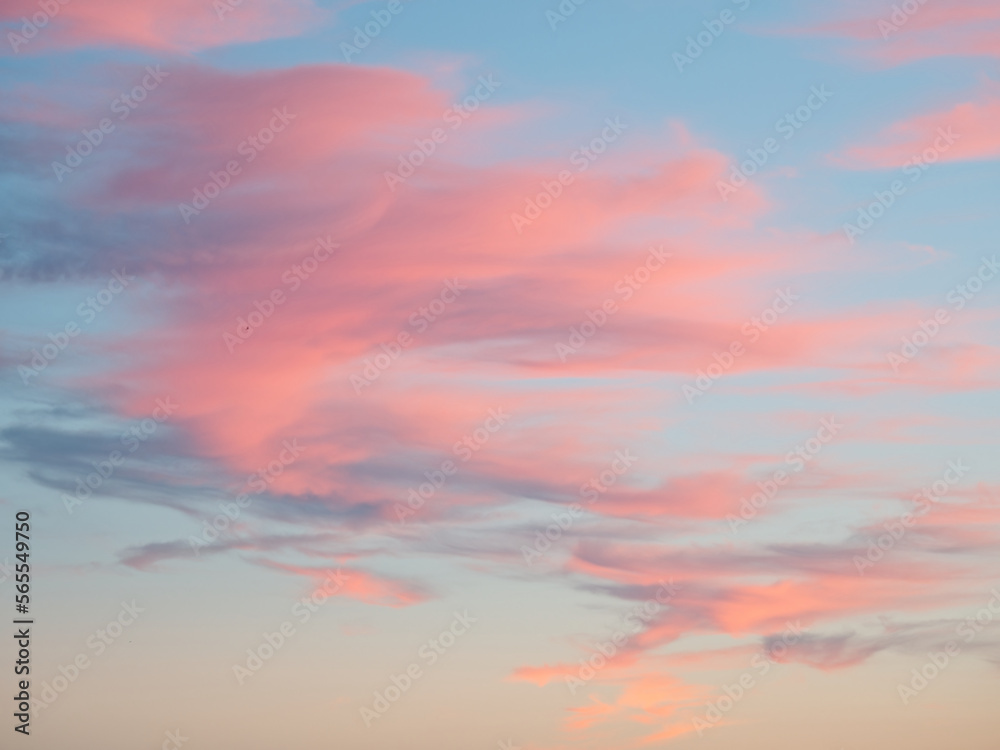 Beautiful sunset or sunrise sky background, blue sky with pink clouds.