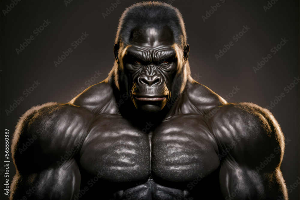 Portrait of a strong male gorilla in a gym. Bodybuilding concept, generative ai