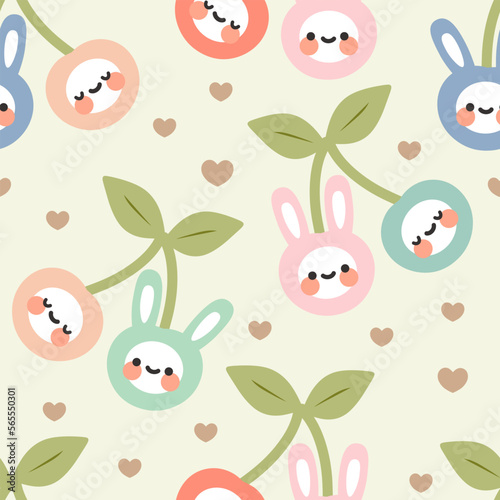 cute kawaii fruit cherries with happy faces, childish fabric pastel colors design seamless pattern, berry food bunny kids paper, fabric and textile rabbit print, eps vector 10