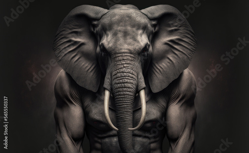 Portrait of a strong male elephant in a gym. Bodybuilding concept, generative ai