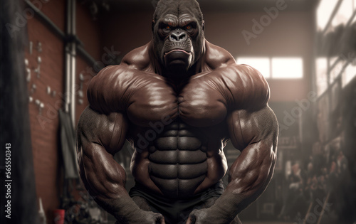 Portrait of a strong male gorilla in a gym. Bodybuilding concept, generative ai