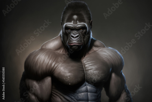 Portrait of a strong male gorilla in a gym. Bodybuilding concept, generative ai