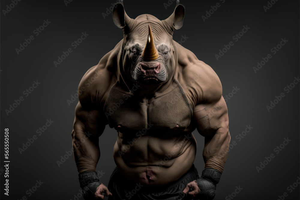 Portrait of a strong male rhinoceros in a gym. Bodybuilding concept, generative ai