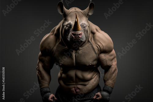 Portrait of a strong male rhinoceros in a gym. Bodybuilding concept, generative ai