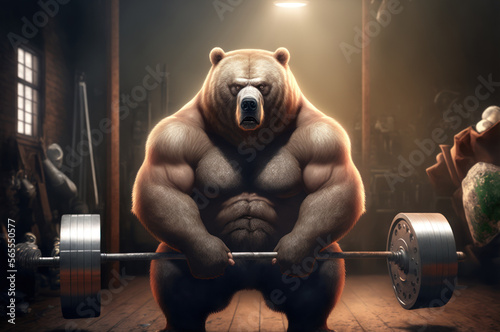 Portrait of a strong male bear in a gym. Bodybuilding concept, generative ai