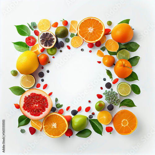 Summer frame with tropical fruits. Generative AI.
