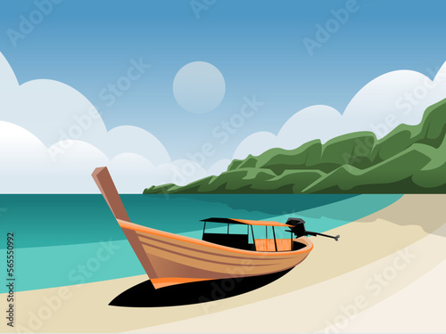Natural scenery of boats, beaches and hills flat design vectors and illustrations