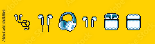 Earphones 8 bit pixel art, vector illustration.
