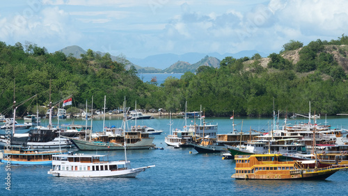 View of tropical islands in village of Labuan Bajo in Flores Island with liveaboard and tour boats for Komodo Island trips moored in busy, scenic harbour in East Indonesia