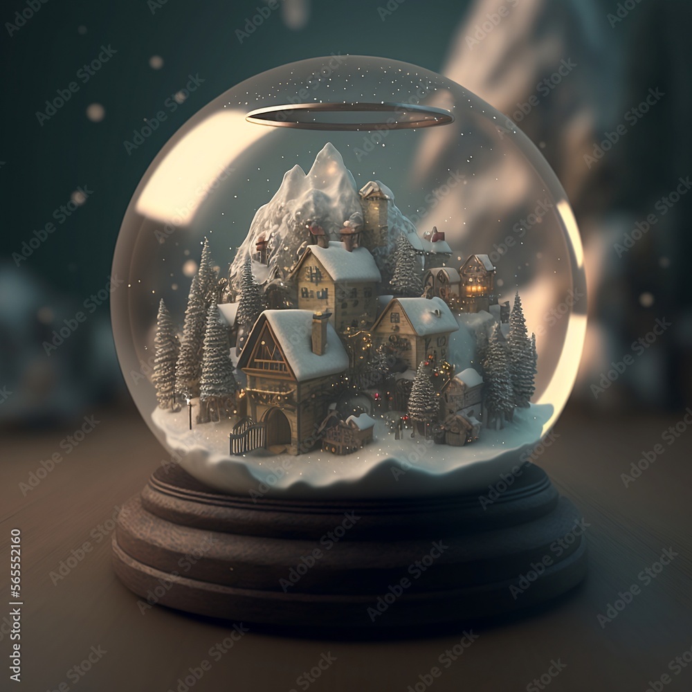 3D render of a miniature city contained in a snow globe, ultra ...