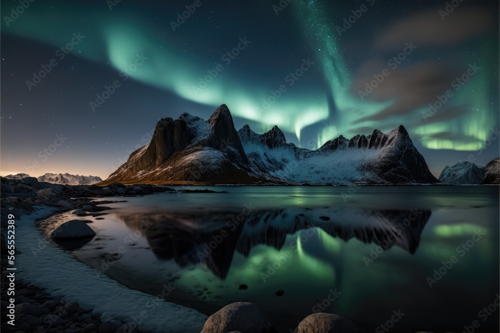 Aurora borealis above the mountains made with generative ai