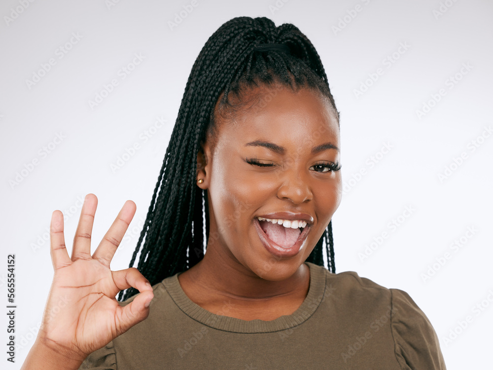 Portrait, ok sign and black woman with smile, confident and achievement ...