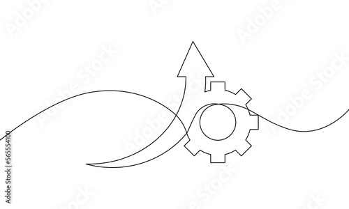 Continuous line drawing of arrow. Arrow up with gear. Cogwheel technology, bar chart, graph sign. Business growth. Object one line, single line art, vector illustration photo