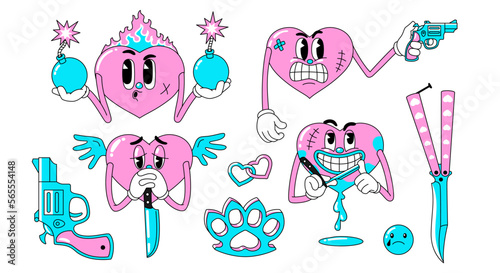 Set of cartoon heart characters in retro groove design. Valentine's Day design elements in 90s, y2k neon style. 