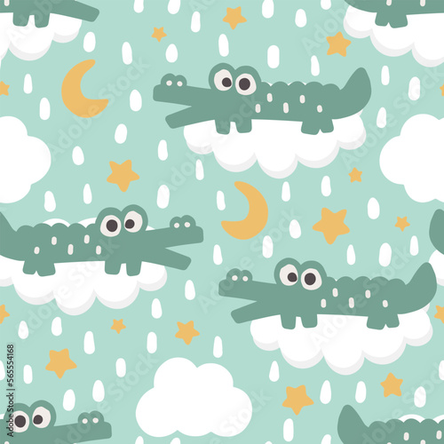 cute happy crocodile cartoon character in the mint green sky with stars and clouds, kids seamless pattern design for wrapping paper, fabrics