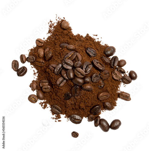 ground coffee with beans on isolated background