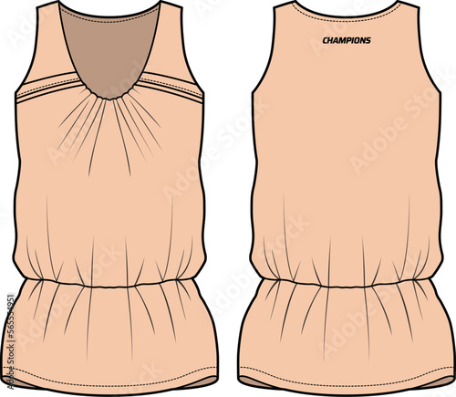 Women Cinched waist Sleeveless Tank top Sports t-shirt Jersey design flat sketch fashion Illustration suitable for girls, Short Dress Vest for Volleyball jersey, netball, badminton, tennis sports kit