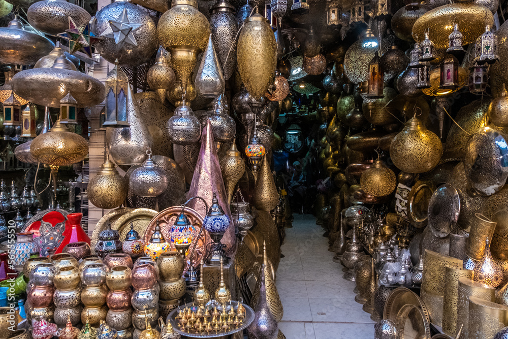 Typical market in Morocco. Perfumes, spices and local crafts.