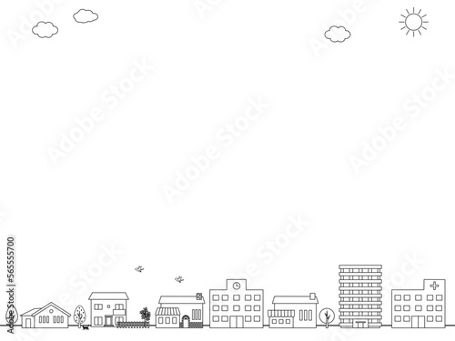 白背景のシンプルな街並みのフレーム背景イラスト