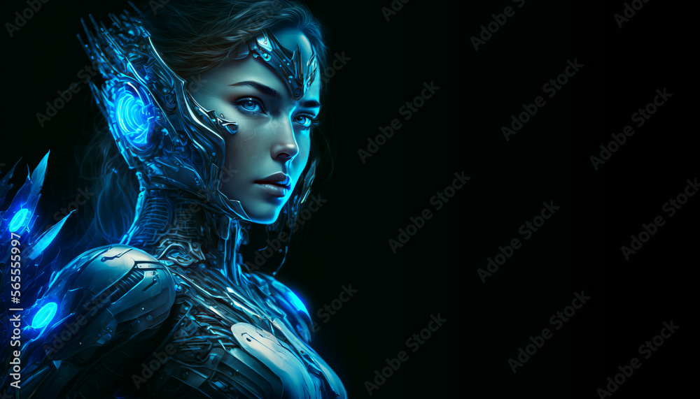 Cyborg robot android girl with blue eyes in an empty background created with Generative AI technology Cyborg robot android girl with blue eyes in an empty background created with Generative AI technology