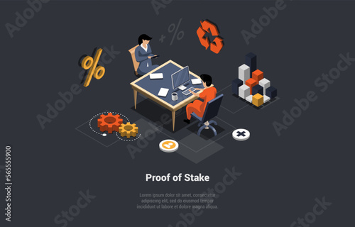 Man And Woman Use POS Technology, Cryptocurrency Consensus Mechanism For Processing Transactions, Work By Selecting Validators in Proportion To Quantity Of Holdings. Isometric 3d Vector Illustration