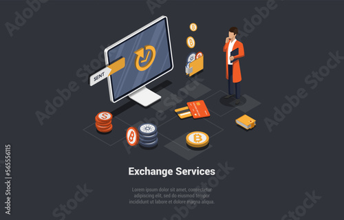 Blockchain Technology, Bitcoin, Altcoins And Cryptocurrency Investment Concept. Man Buying Crypto Using Different World Exchange Services With Convenient Application. Isometric 3d Vector Illustration