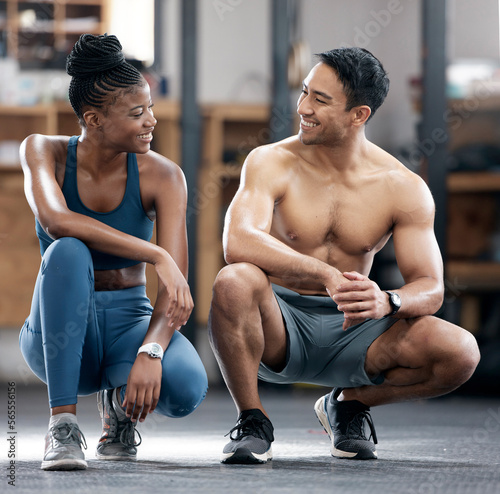 Fitness, happy or black woman with coach at gym to start training, exercise or body workout. Team partnership, personal trainer or African client with pride in health club for exercising activity