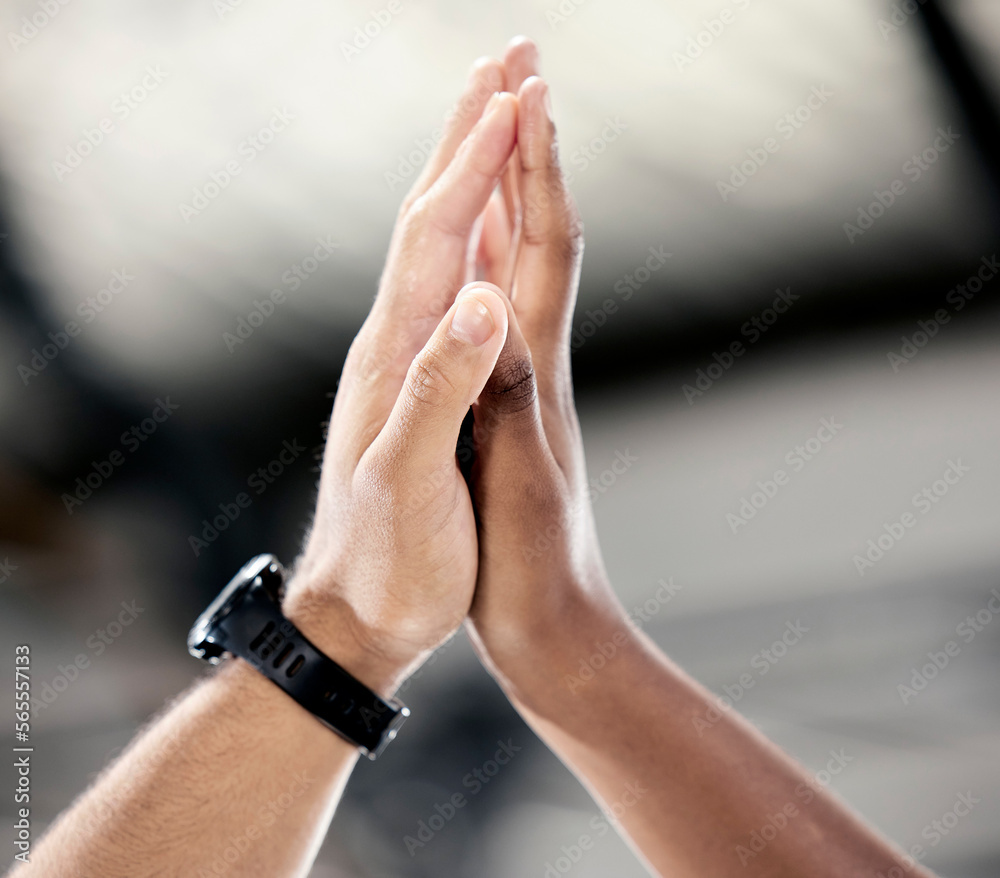 Fitness, team work or hands high five for success or body goals in training, workout or exercise at gym. Winner, partnership or healthy sports people with motivation or support or mission for winning