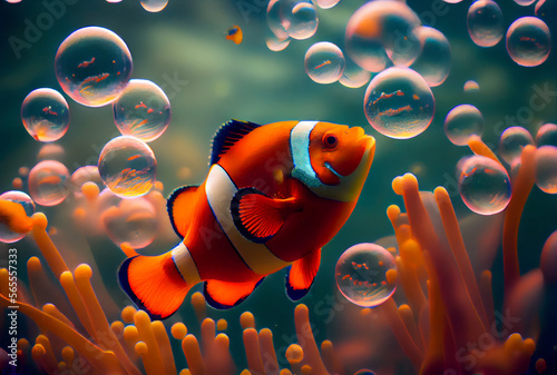 Print op canvas clownfish in aquarium Generative AI