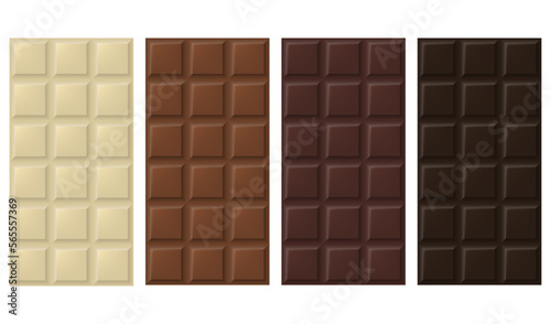 Realistik chocolate bar. Milk, dark, white chocolate bar set. Vector illustration. Eps 10.
