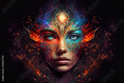 fictional person, ai generated illustration of An infinite being of light  -  futuristic ancient multi dimensional psychedelic cosmic being that radiates energy and sacred geometry ai generated	