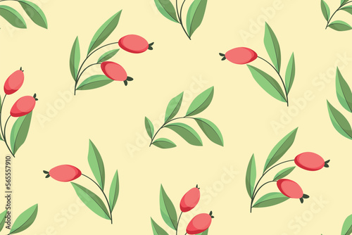 Seamless pattern with wild berries, leaves in a simple abstract composition. Decorative botanical print with a folk motif: berries, large branches of leaves on a light background. Vector illustration.