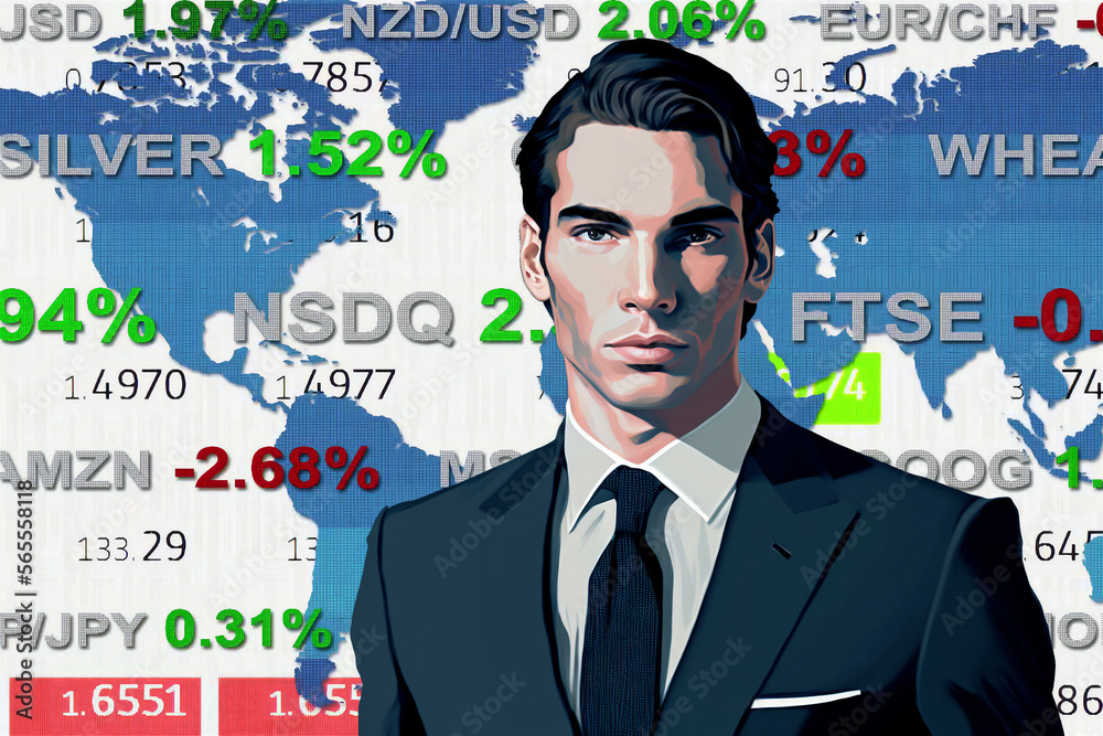 young cartoon comix businessman standing in front of a real stock market wold map chart - new quality creative financial business stock image design young cartoon comix businessman standing in front of a real stock market wold map chart - new quality creative financial business stock image design