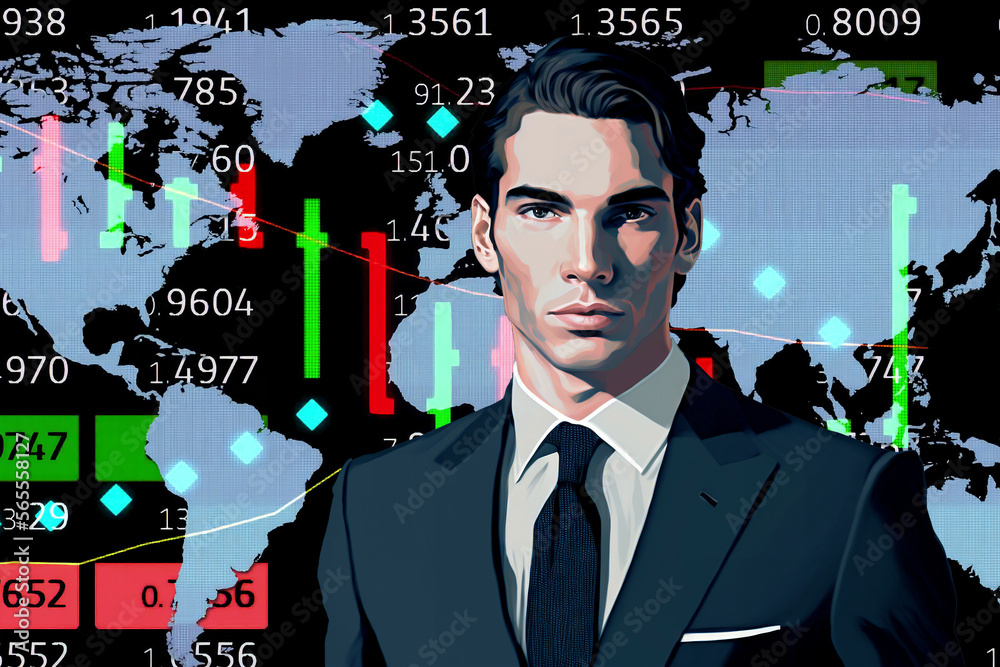 young cartoon comix businessman standing in front of a real stock market wold map chart - new quality creative financial business stock image design young cartoon comix businessman standing in front of a real stock market wold map chart - new quality creative financial business stock image design