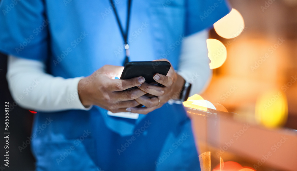 Doctor, phone and healthcare worker hands of a hospital employee at night on social media. Online consulting, mobile communication and wellness consultant woman at a clinic writing a text on web app Doctor, phone and healthcare worker hands of a hospital employee at night on social media. Online consulting, mobile communication and wellness consultant woman at a clinic writing a text on web app
