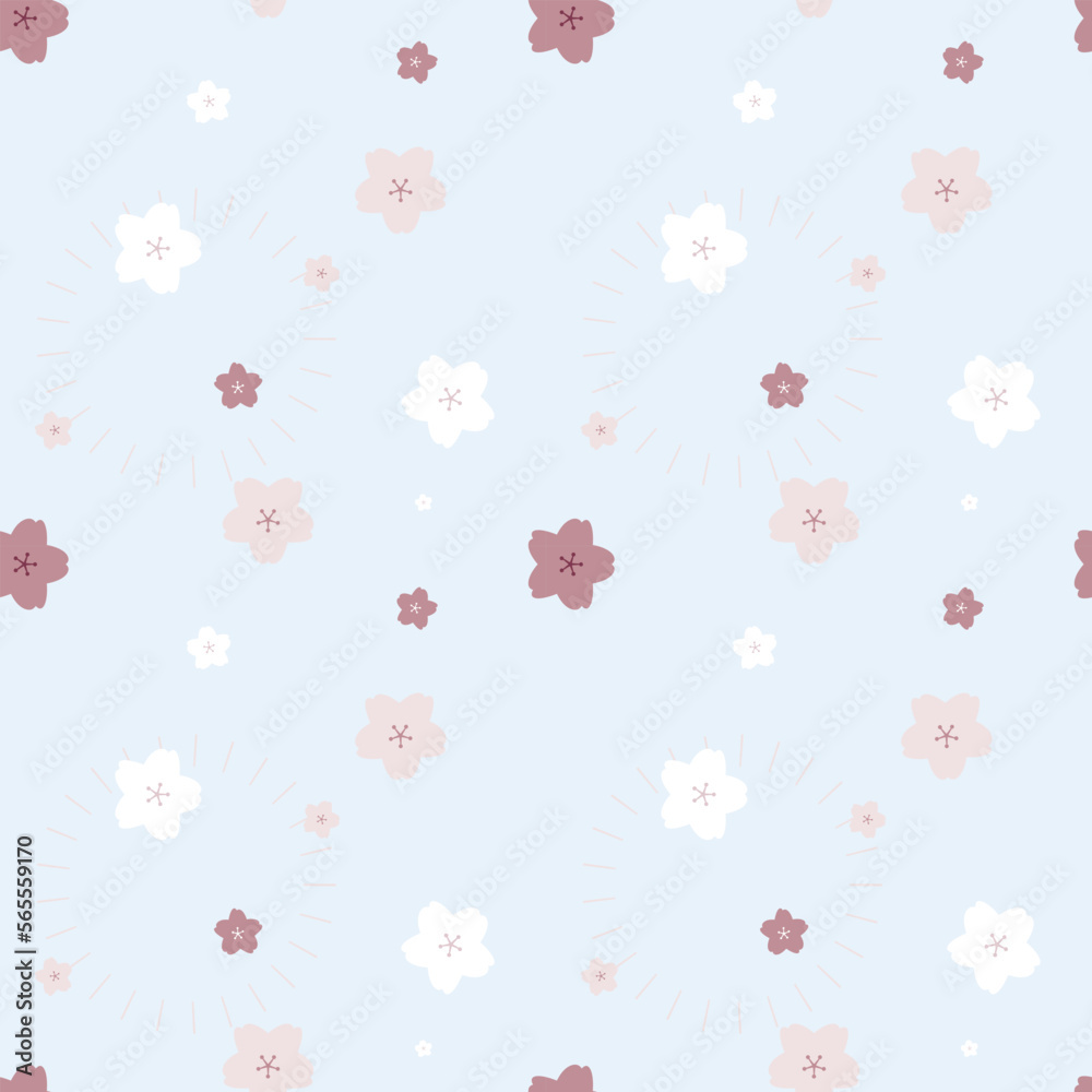 seamless cute lovely pink and white cherry blossom sakura peach plum flower repeat pattern in bright blue background. flat vector illustration design