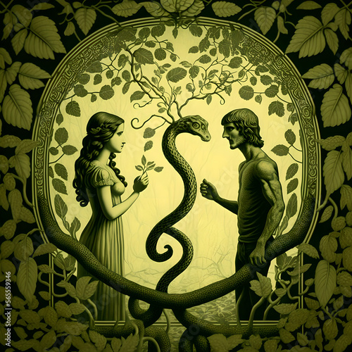 Adam, eve and the snake, illustration artistic
