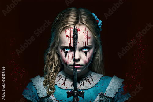 Alice in wonderland but she is murderous and crazy, lost her mind, with a knife and a machete killing other creatures in the underworld photo