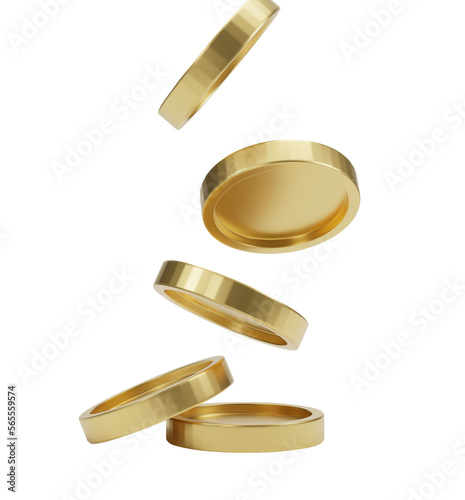 Falling golden coins isolated on transparent background PNG file. 3d rendering