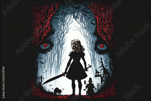 Alice in wonderland but she is murderous and crazy, lost her mind, with a knife and a machete killing other creatures in the underworld
