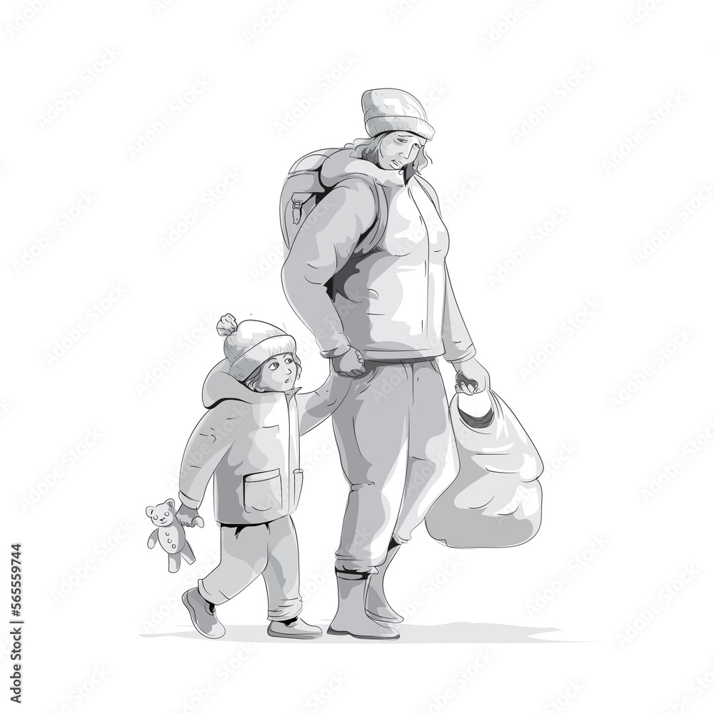 Mother and young boy, with bags, refugees, war refugees, emigrants Mother and young boy, with bags, refugees, war refugees, emigrants