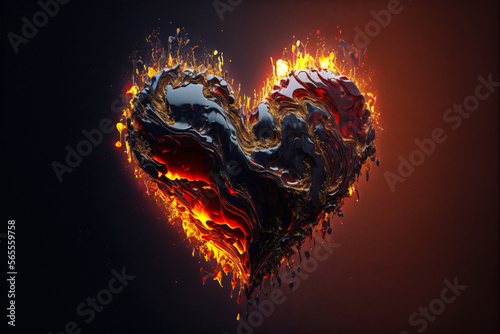 Fiery Heart made of flames and lava, Valentine's Day Ai Generative illustration.